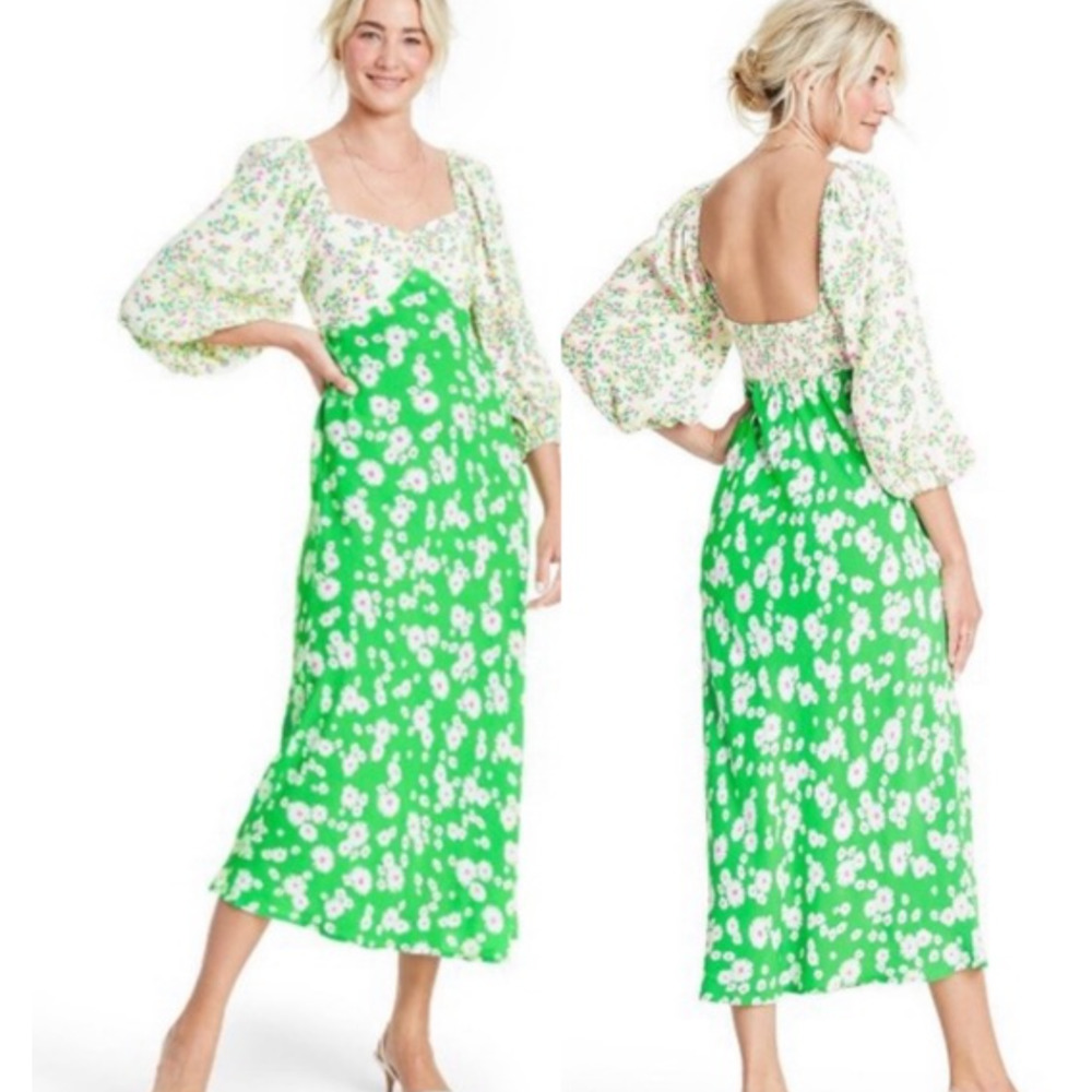 Rixo Target Midi Swing Dress‎ Women's 8 Green Daisy Floral Smocked Puff Sleeve